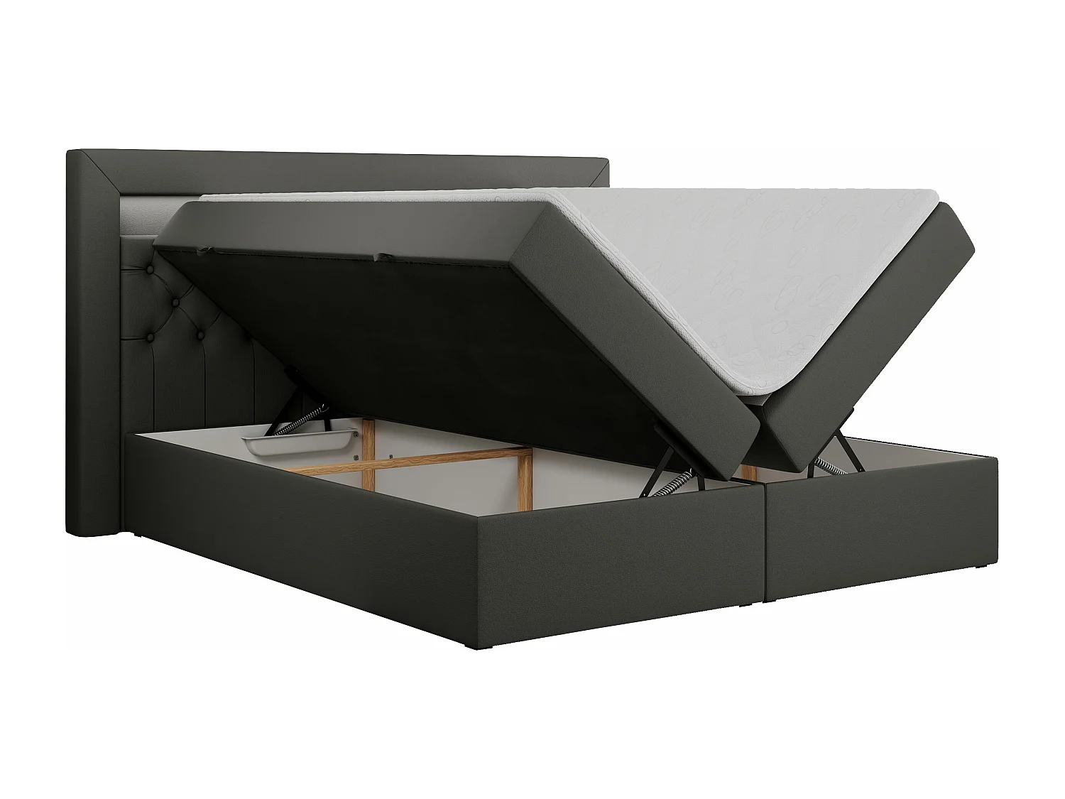Boxspringbett GOLD 6, Doppelbett mit Stauraum, LED-Beleuchtung, gesteppte Kopfstütze - 180x200 cm - H3 - Dunkelgrau Kunstleder