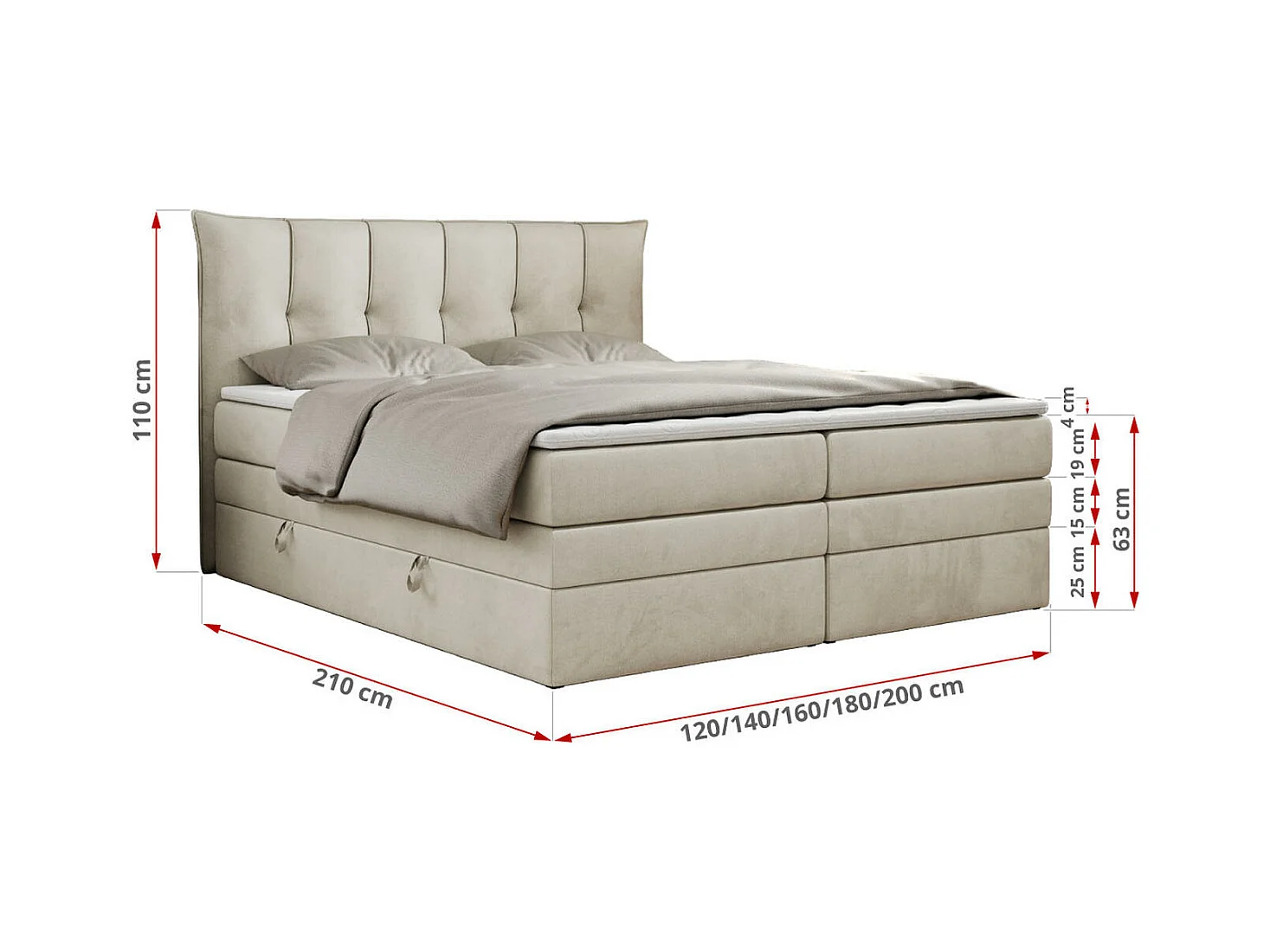 Boxspringbett PREMIUM 10 KING, Doppelbett mit Stauraum, gesteppte Kopfstütze, Multipocket-Matratze - 160x200 cm - H3 - Beige Velvet