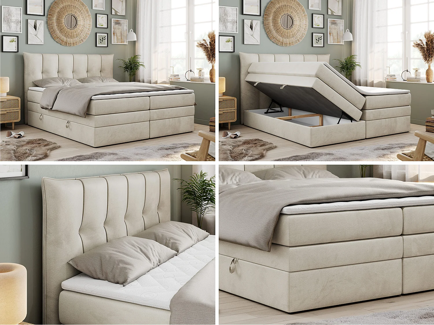 Lit boxspring avec 2 coffres - 2 matelas mi-fermes + surmatelas mousse - Beige Velours - 160x200 - PREMIUM 10 KING