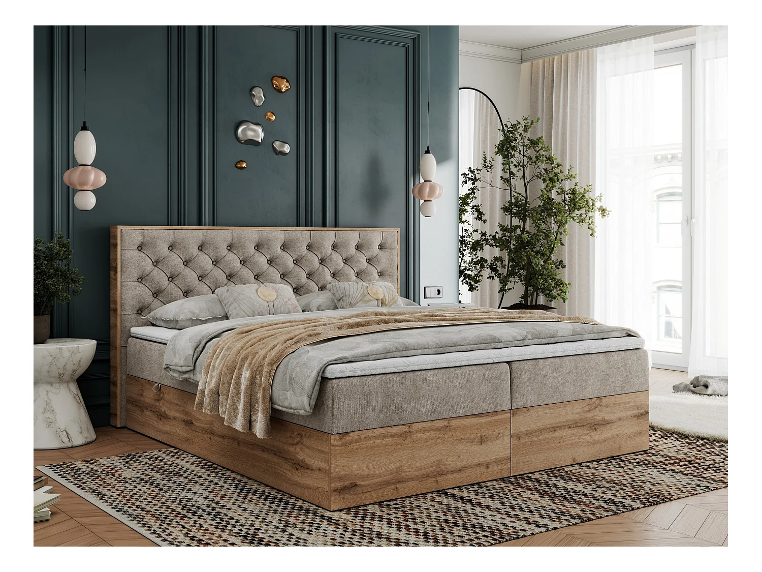 Boxspringbett ALBERO 3 - gesteppte Kopfstütze, Eiche Wotan Holzrahmen, Stauraum - 180x200 cm - H3 - Beige Strukture