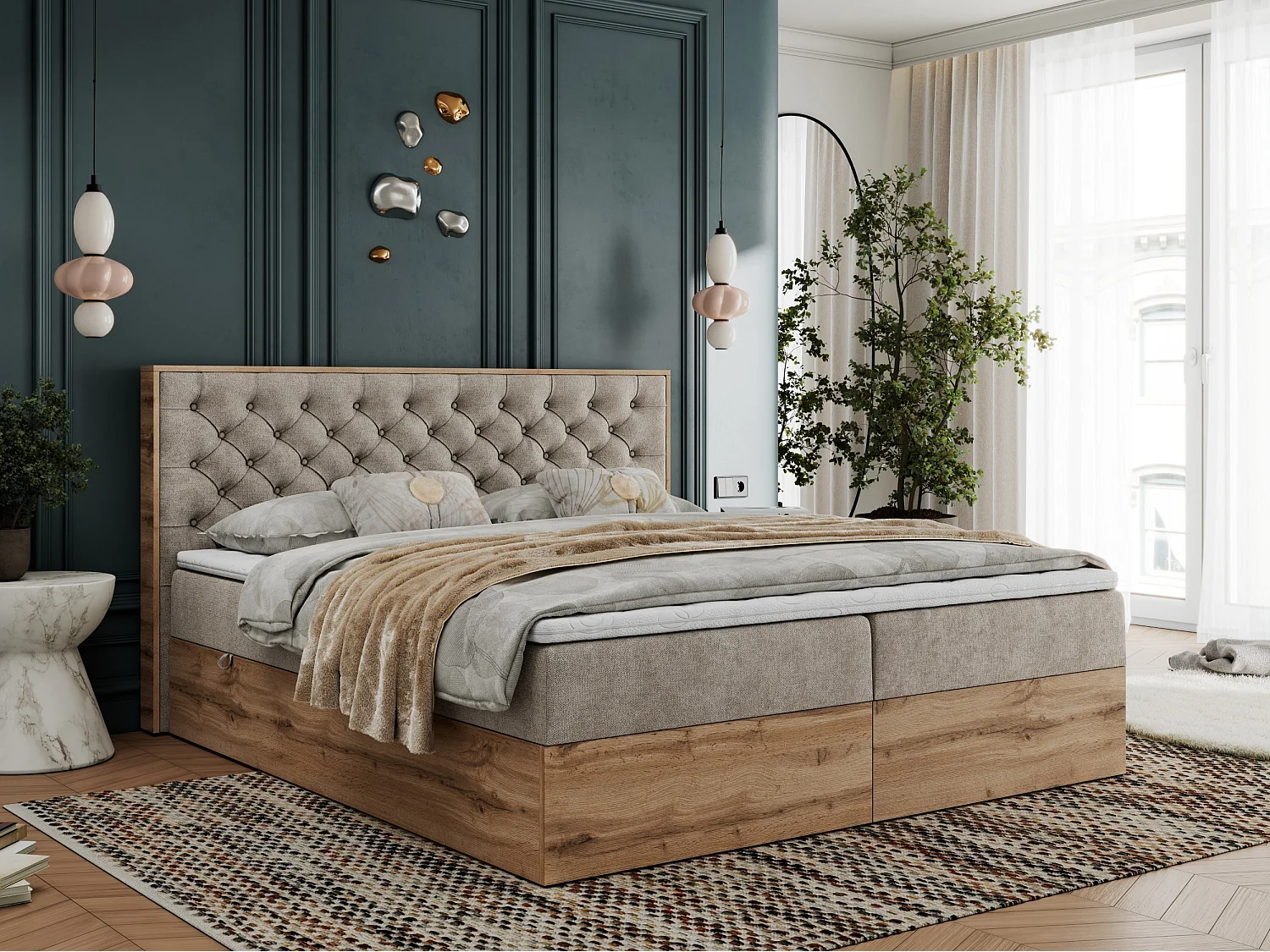 Boxspringbett ALBERO 3 - gesteppte Kopfstütze, Eiche Wotan Holzrahmen, Stauraum - 180x200 cm - H3 - Beige Strukture