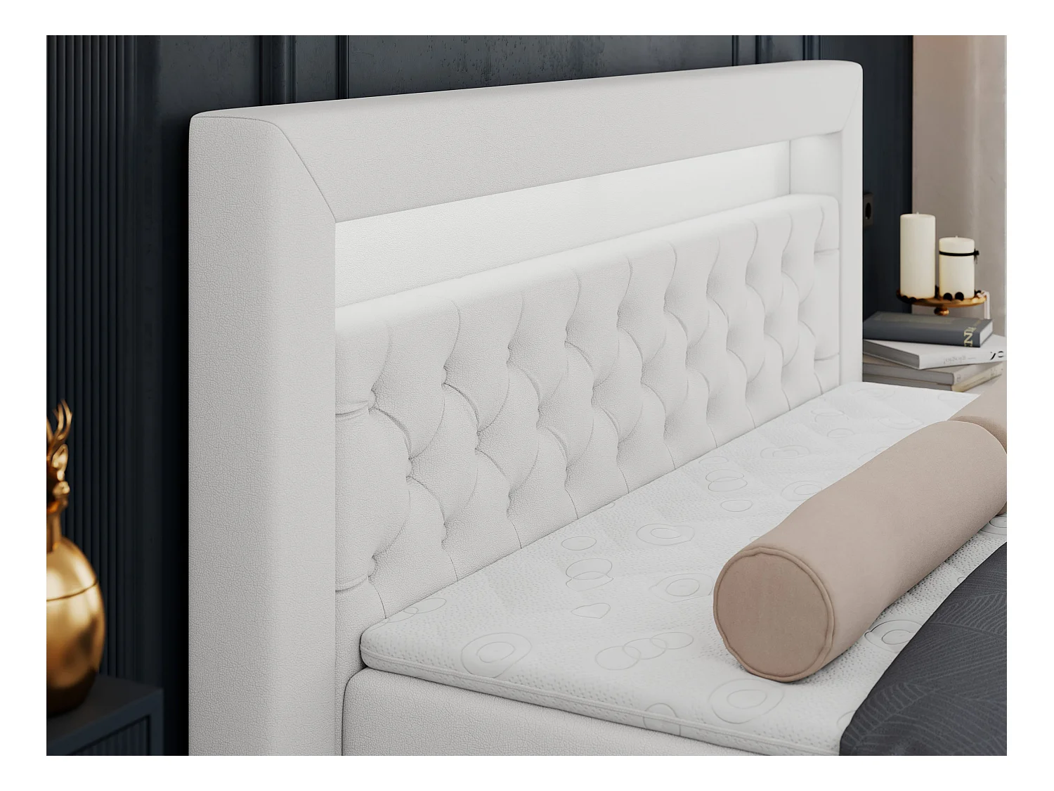 Boxspringbett GOLD 6, Doppelbett mit Stauraum, LED-Beleuchtung, gesteppte Kopfstütze - 140x200 cm - H3 - Weiß Kunstleder