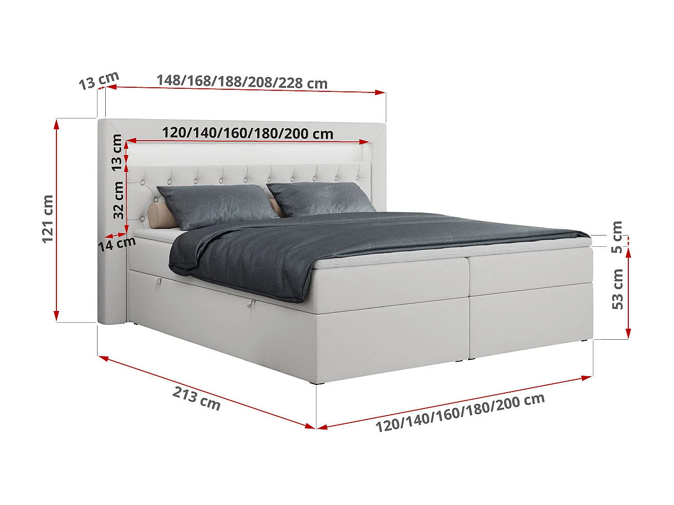 Boxspringbett GOLD 6, Doppelbett mit Stauraum, LED-Beleuchtung, gesteppte Kopfstütze - 140x200 cm - H3 - Weiß Kunstleder