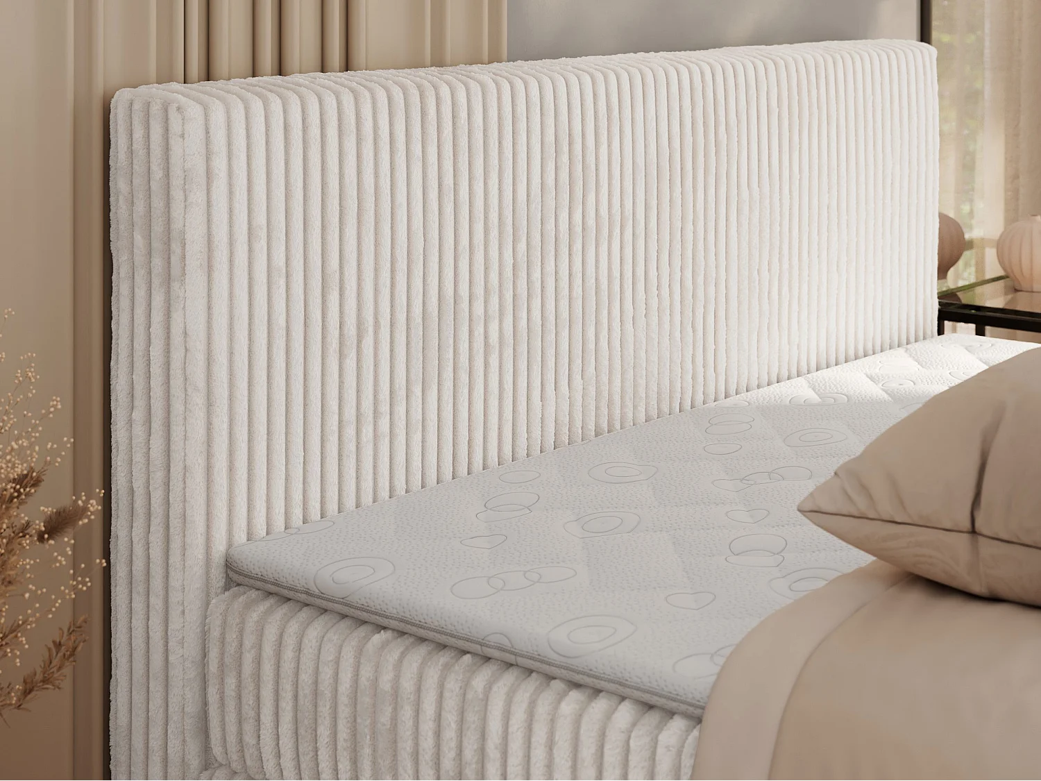 Boxspringbett TILIANO KING, Multipocket-Matratze, Cord Bett, Kopfteil und zwei Bettkästen - 180x200 cm - H4 - Beige Cord