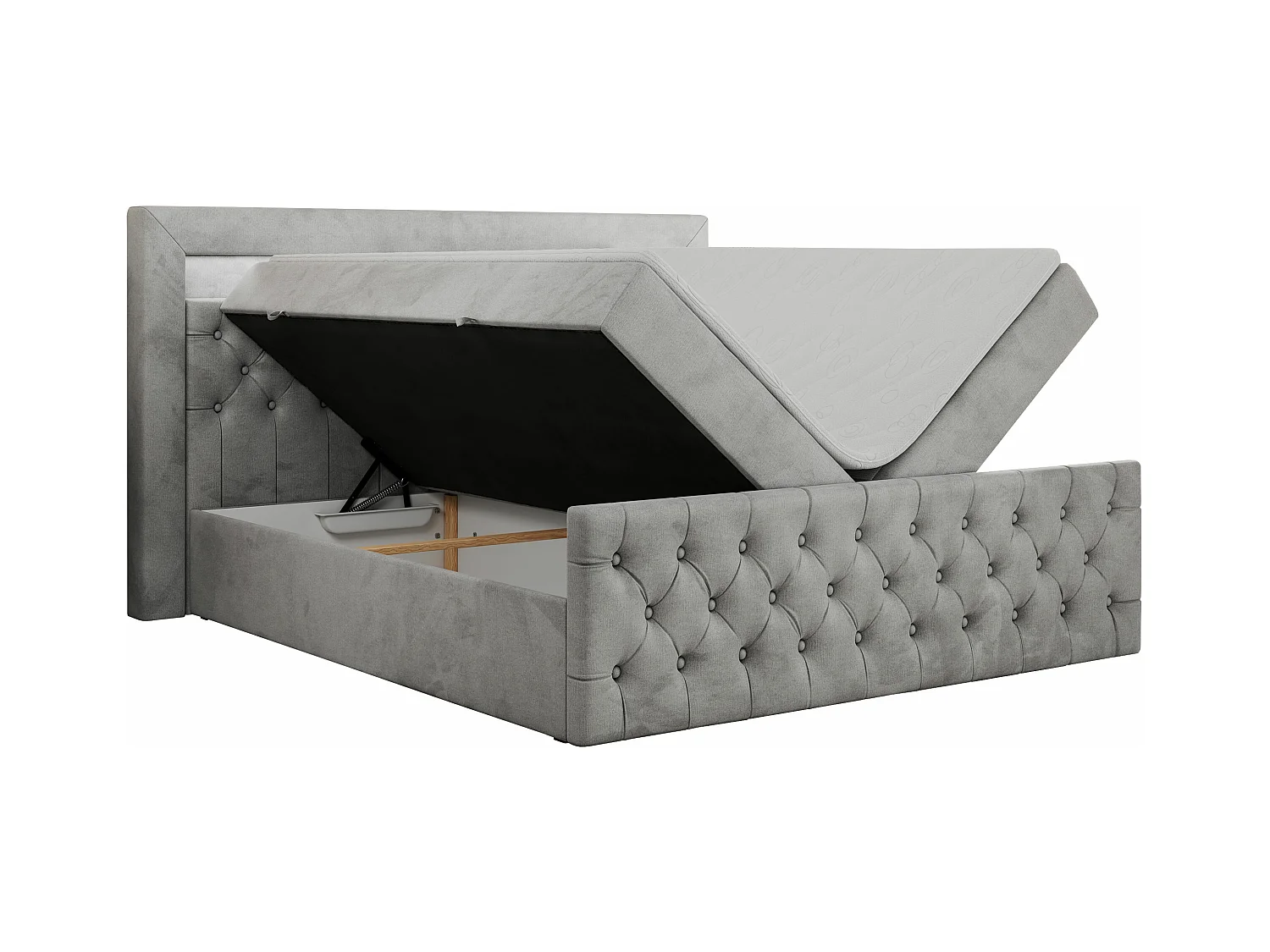 Boxspringbett GOLD 9 mit Stauraum, Multipocket-Matratze, gestepptes Bett, LED Beleuchtung - 140x200 cm - H4 - Hellgrau Velvet