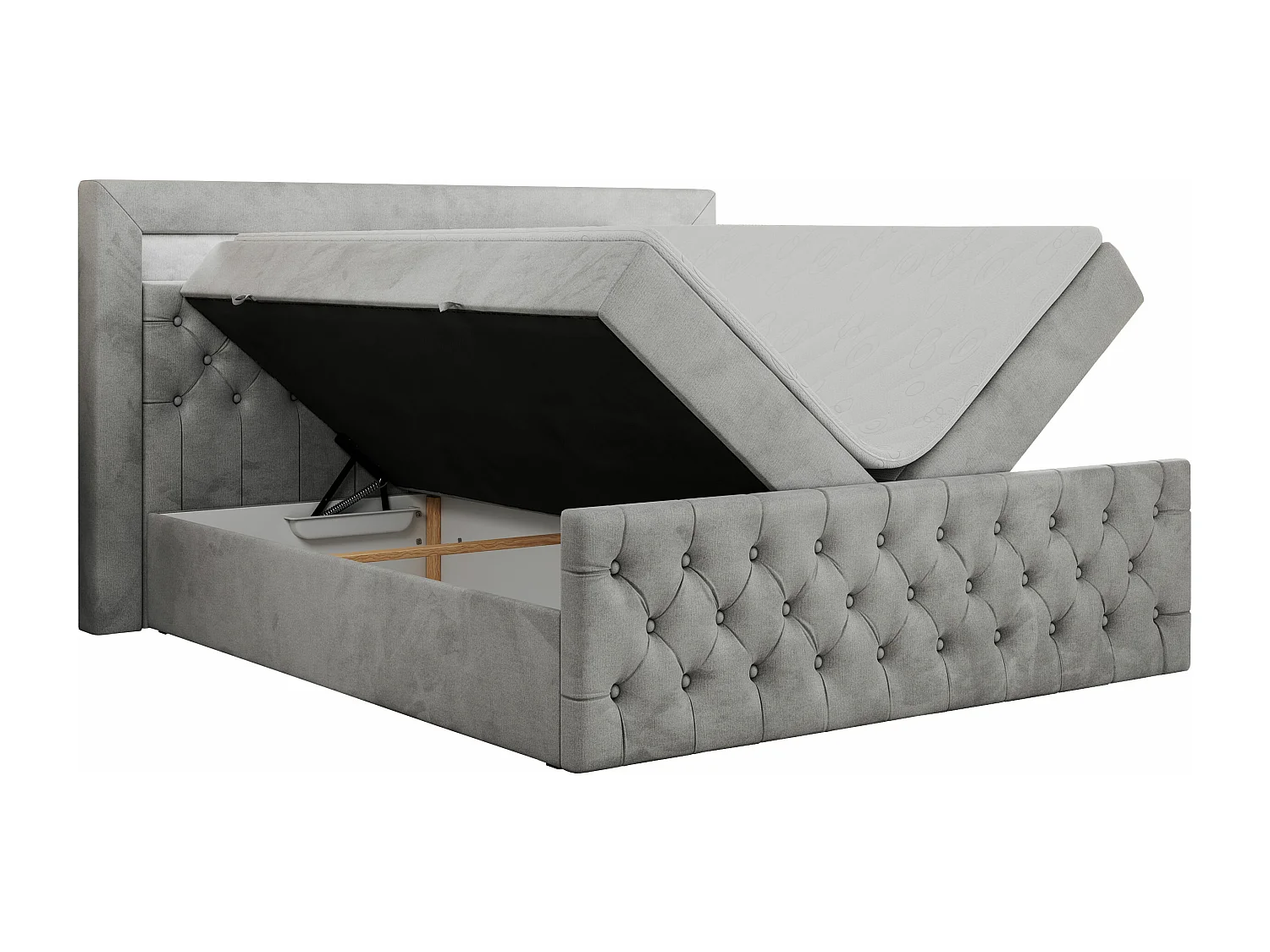 Boxspringbett GOLD 9 mit Stauraum, Multipocket-Matratze, gestepptes Bett, LED Beleuchtung - 140x200 cm - H4 - Hellgrau Velvet