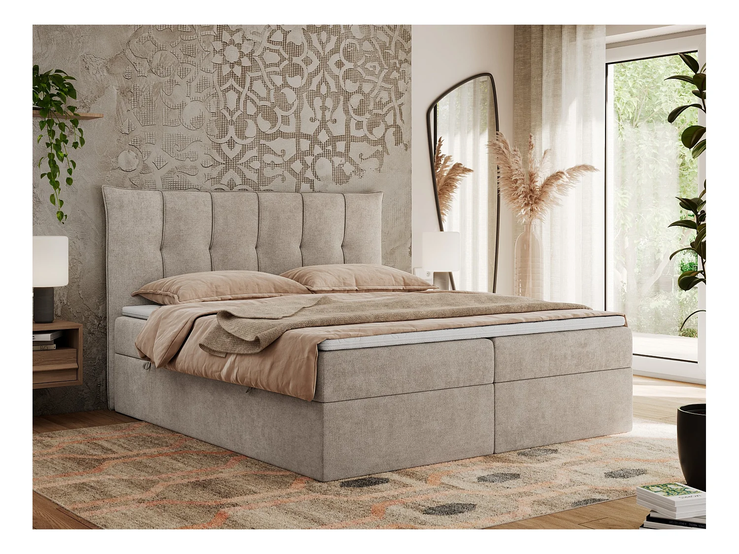 Boxspringbett PREMIUM 10 mit Multipocket-Matratze, gesteppte Kopfstütze, zwei Bettkästen - 200x200 cm - H4 - Beige Strukture