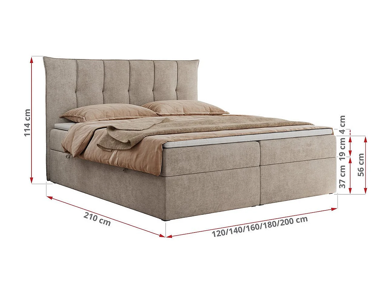 Boxspringbett PREMIUM 10 mit Multipocket-Matratze, gesteppte Kopfstütze, zwei Bettkästen - 200x200 cm - H4 - Beige Strukture