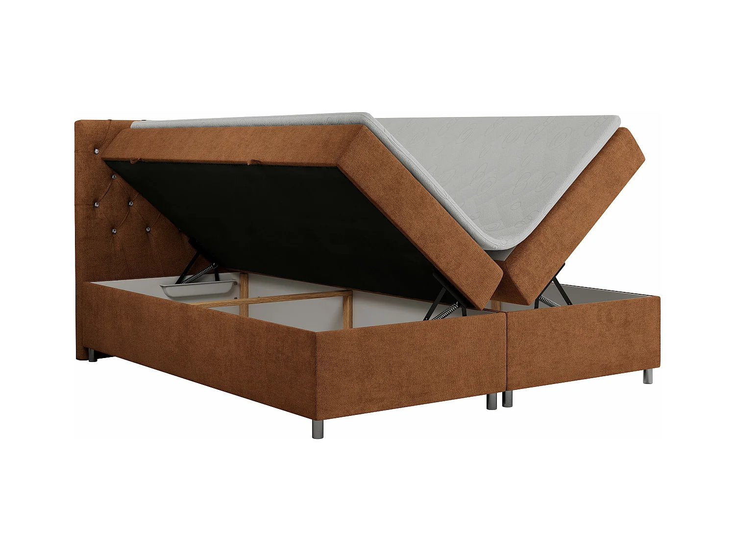 Boxspringbett ROMA mit gestepptem Kopfteil, Multipocket-Matratze, dekorative Füße - 180x200 cm - H4 - Orange Strukture