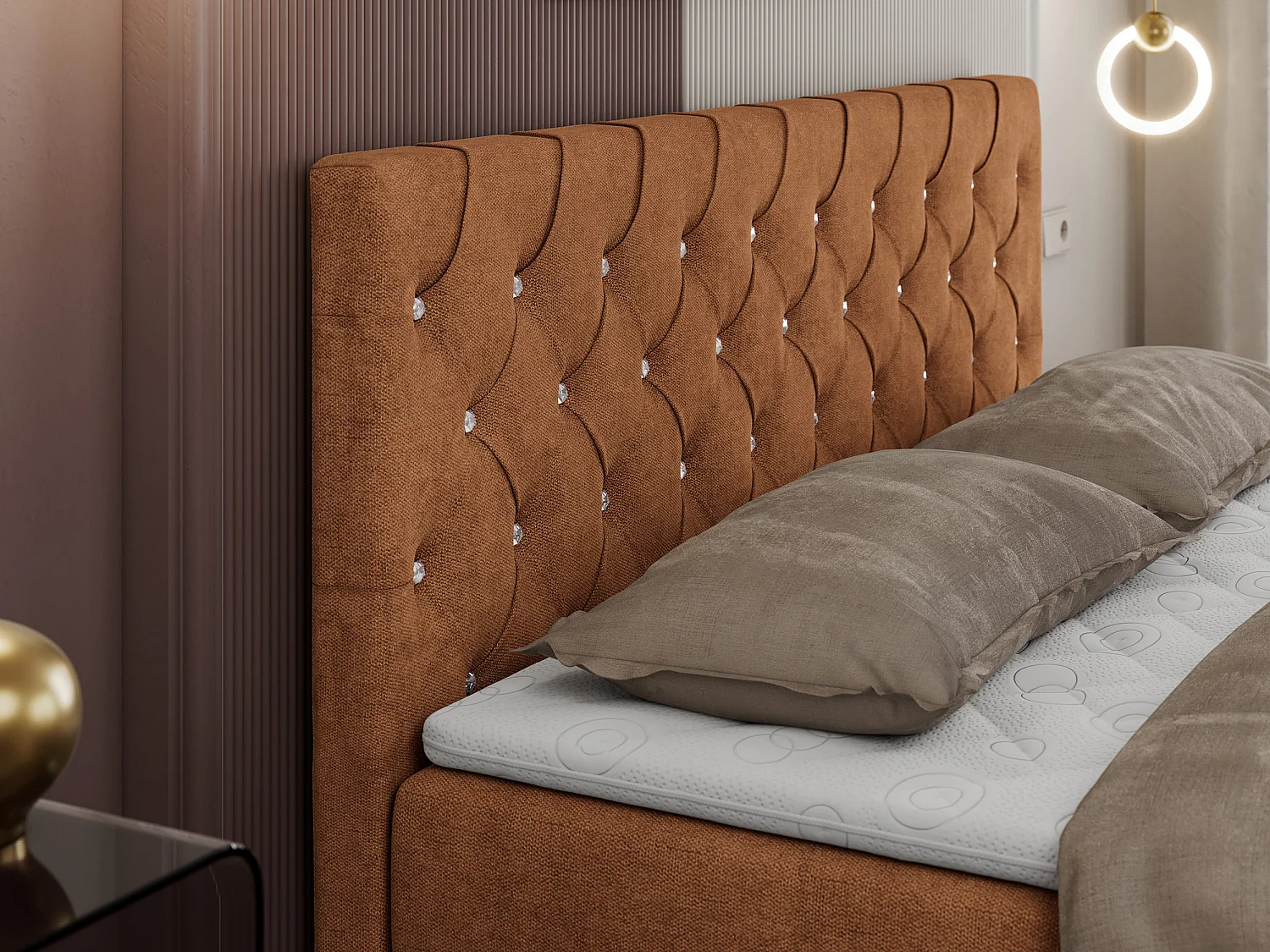 Boxspringbett ROMA mit gestepptem Kopfteil, Multipocket-Matratze, dekorative Füße - 180x200 cm - H4 - Orange Strukture