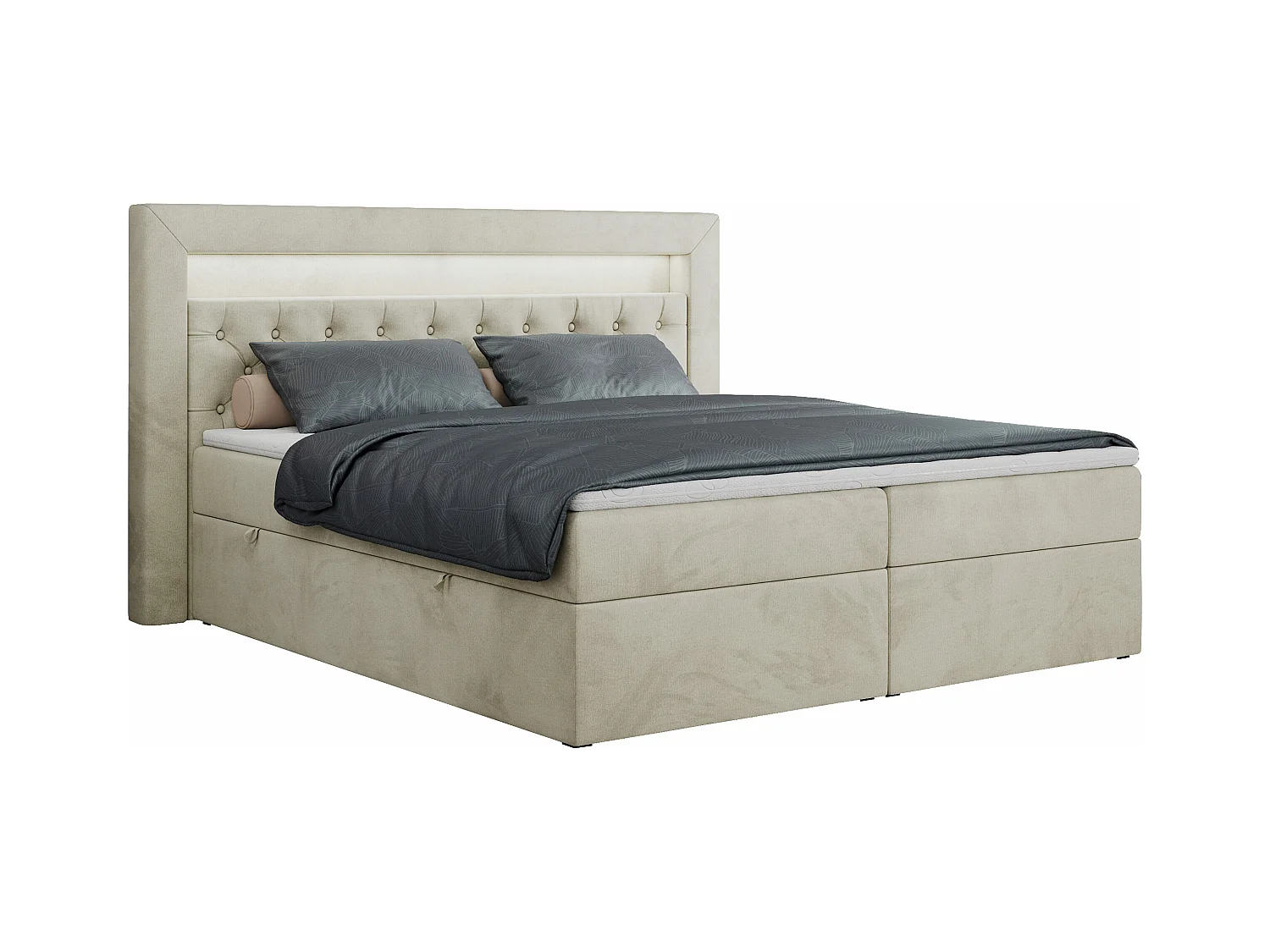 Boxspringbett GOLD 6, Doppelbett mit Stauraum, LED-Beleuchtung, gesteppte Kopfstütze - 180x200 cm - H3 - Beige Velvet