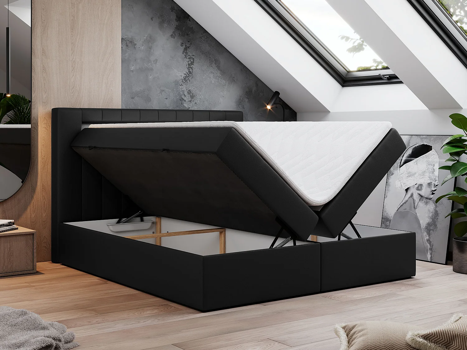 Boxspringbett GOLD 5 mit Multipocket-Matratze und LED, zwei Bettkästen - 200x200 cm - H3 - Schwarz Kunstleder