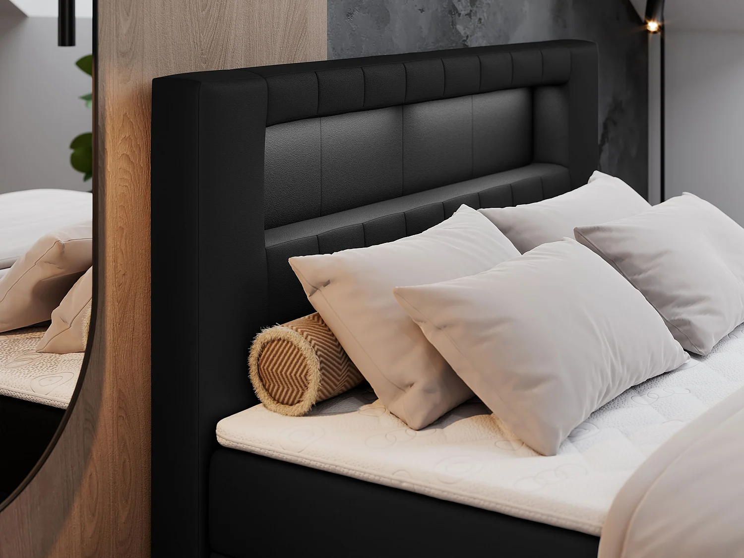 Boxspringbett GOLD 5 mit Multipocket-Matratze und LED, zwei Bettkästen - 200x200 cm - H3 - Schwarz Kunstleder