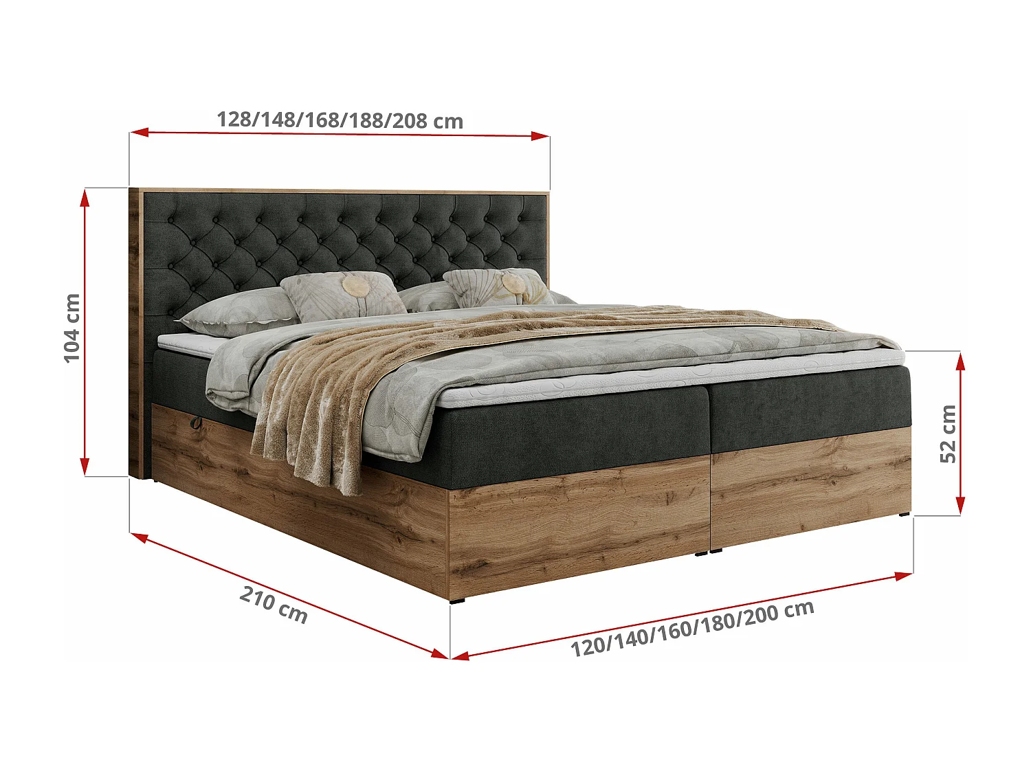 Boxspringbett ALBERO 3 - gesteppte Kopfstütze, Eiche Wotan Holzrahmen, Stauraum - 160x200 cm - H4 - Dunkelgrau Strukture