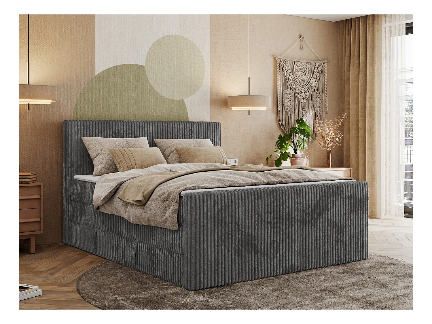 Boxspringbett TILIANO KING DUO, mit zwei Bettkästen, Cord Bett Multipocket-Matratze - 140x200 cm - H3 - Grau Cord