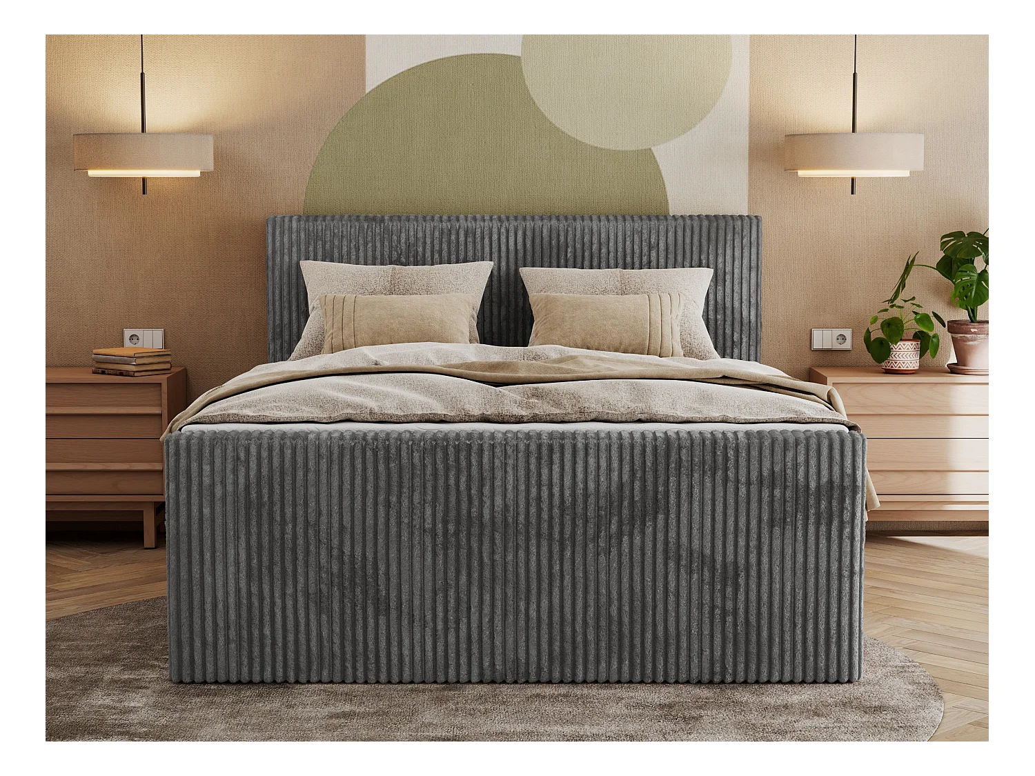 Boxspringbett TILIANO KING DUO, mit zwei Bettkästen, Cord Bett Multipocket-Matratze - 140x200 cm - H3 - Grau Cord