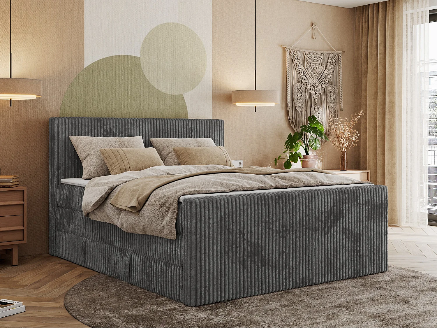 Boxspringbett TILIANO KING DUO, mit zwei Bettkästen, Cord Bett Multipocket-Matratze - 140x200 cm - H3 - Grau Cord