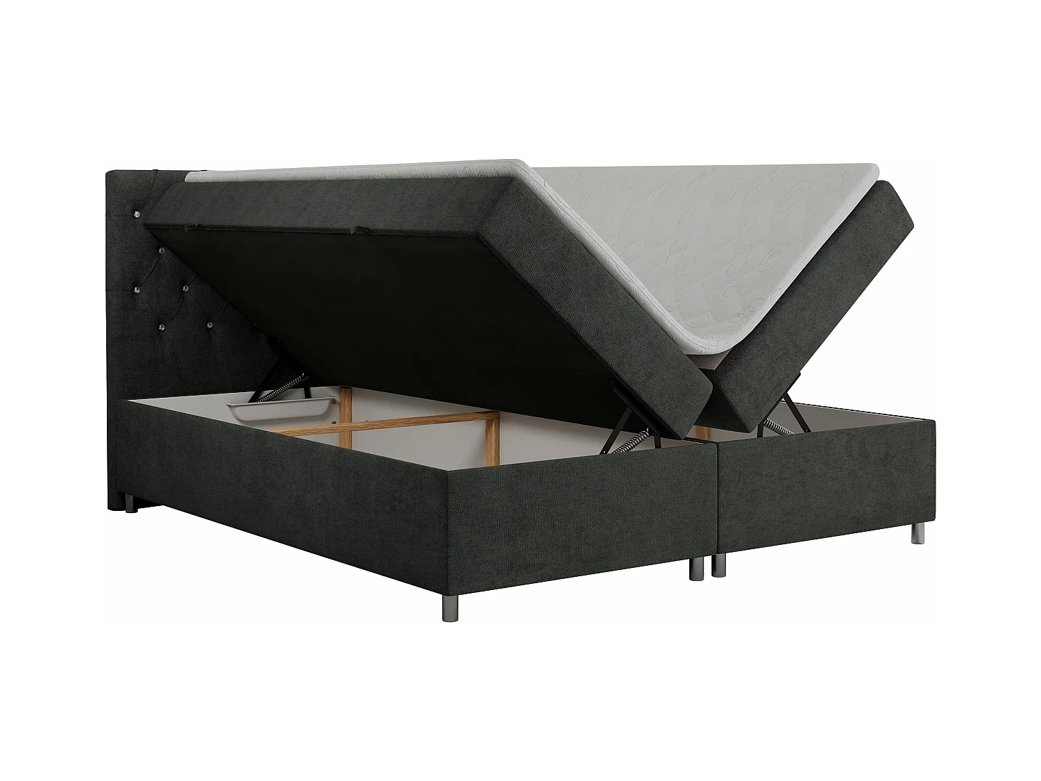 Boxspringbett ROMA mit gestepptem Kopfteil, Multipocket-Matratze, dekorative Füße - 120x200 cm - H3 - Hellgrau Strukture