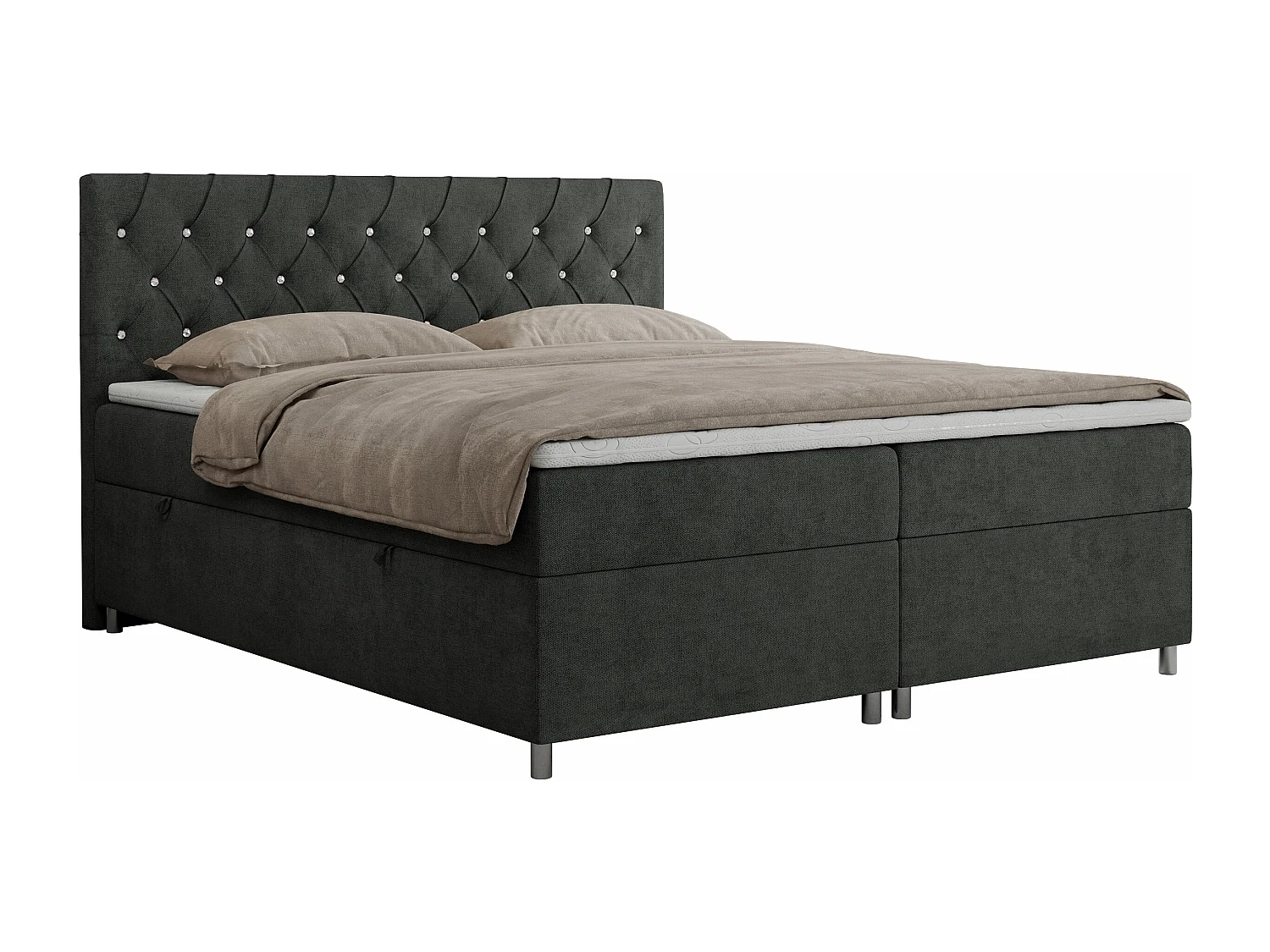 Boxspringbett ROMA mit gestepptem Kopfteil, Multipocket-Matratze, dekorative Füße - 120x200 cm - H3 - Hellgrau Strukture