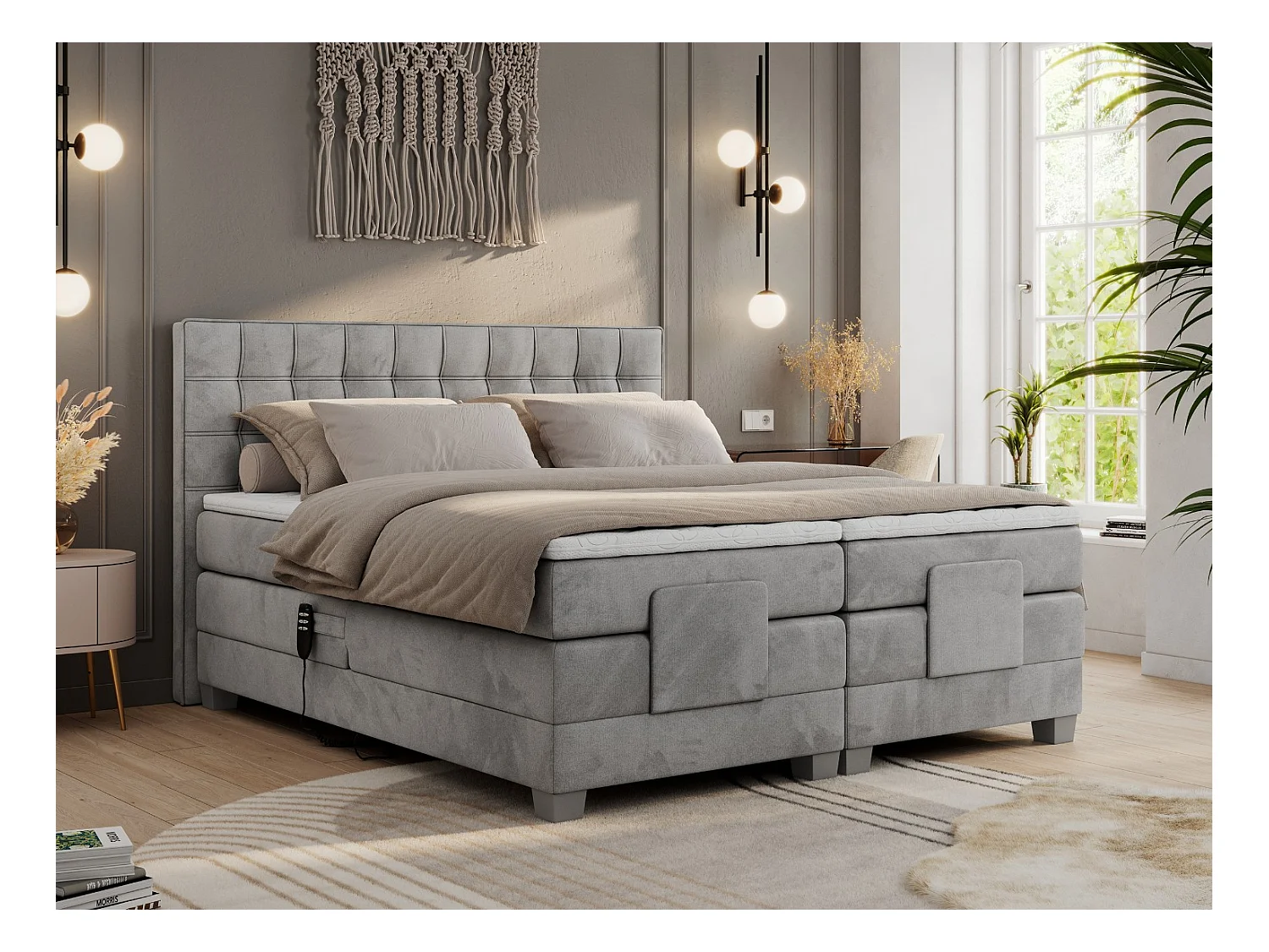 Boxspringbett ELEKTRO mit Multipocket-Matratze, Elektrisch verstellbare, genähtes Kopfteil - 160x200 cm - H4 - Hellgrau Velvet
