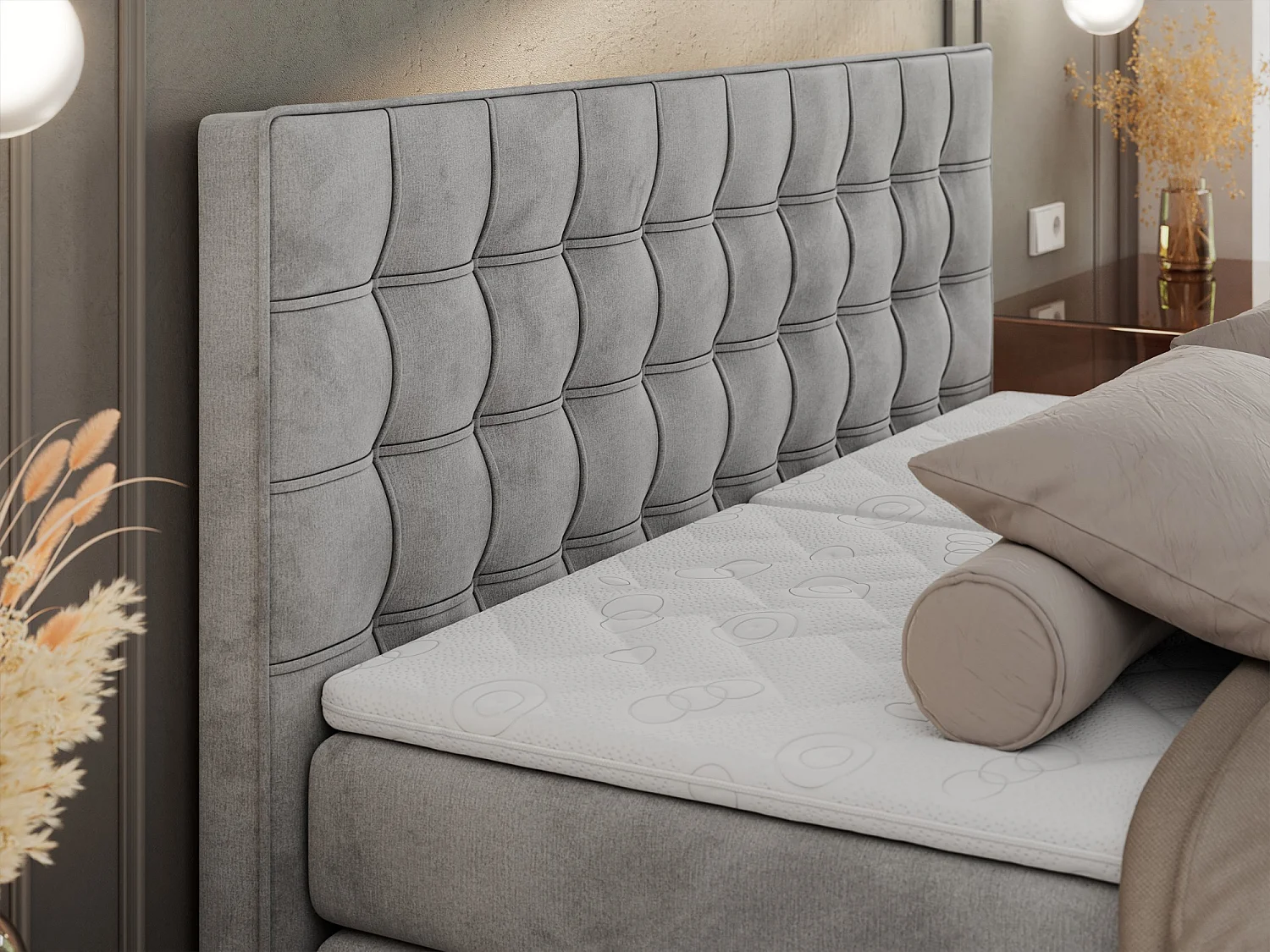 Boxspringbett ELEKTRO mit Multipocket-Matratze, Elektrisch verstellbare, genähtes Kopfteil - 160x200 cm - H4 - Hellgrau Velvet