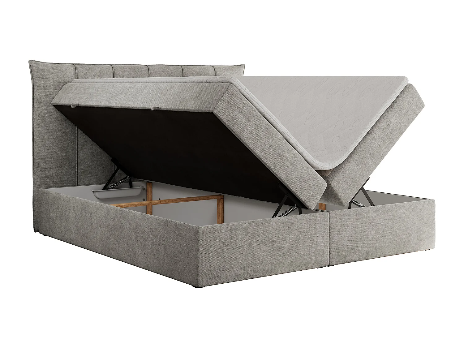 Boxspringbett PREMIUM 10 mit Multipocket-Matratze, gesteppte Kopfstütze, zwei Bettkästen - 160x200 cm - H3 - Hellgrau Strukture
