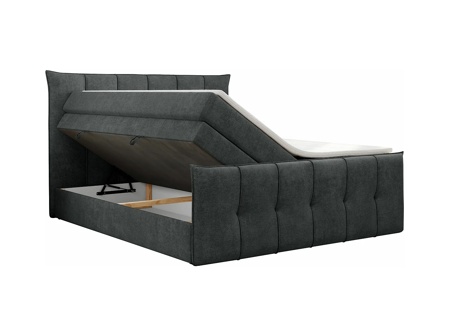 Boxspringbett PREMIUM 11 KING mit Stauraum, gestepptes Kopfteil, zwei Multipocket-Matratzen - 200x200 cm - H3 - Dunkelgrau Strukture