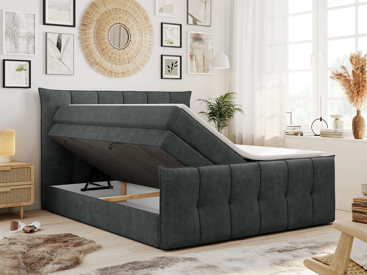 Boxspringbett PREMIUM 11 KING mit Stauraum, gestepptes Kopfteil, zwei Multipocket-Matratzen - 200x200 cm - H3 - Dunkelgrau Strukture