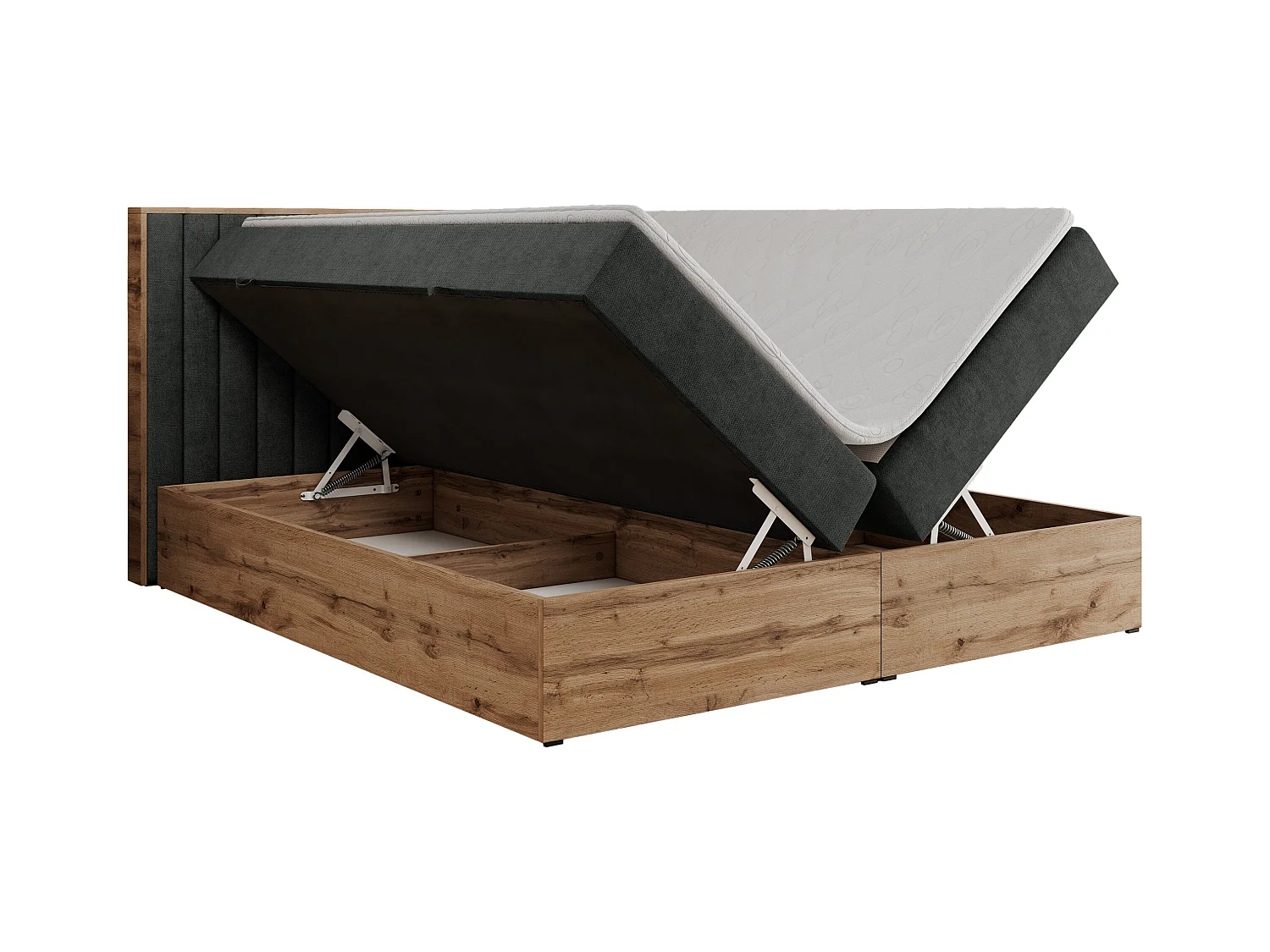 Boxspringbett ALBERO 4, Eiche Wotan Holzrahmen, mit Stauraum, genähtes Kopfteil - 140x200 cm - H4 - Dunkelgrau Strukture