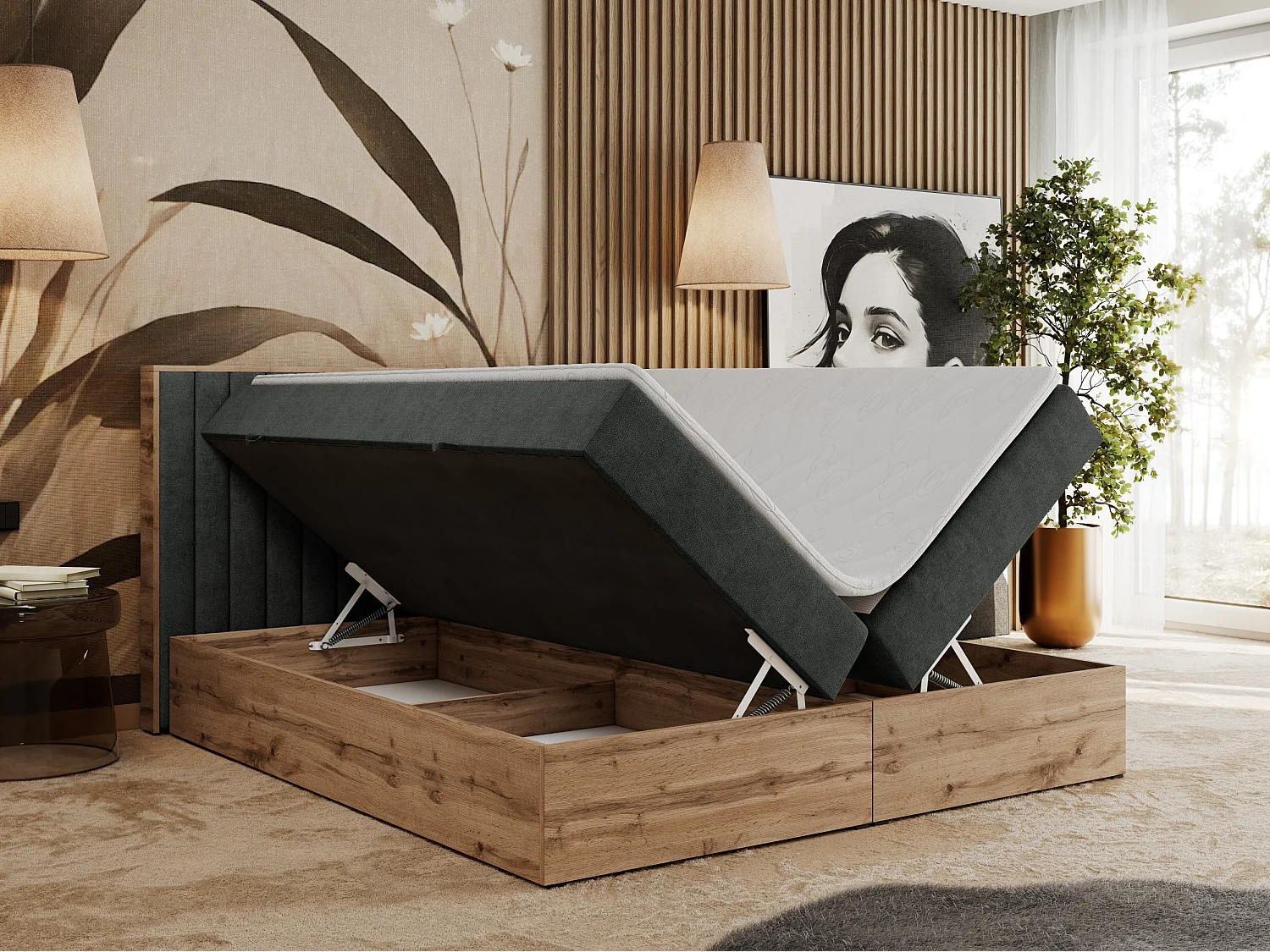 Boxspringbett ALBERO 4, Eiche Wotan Holzrahmen, mit Stauraum, genähtes Kopfteil - 140x200 cm - H4 - Dunkelgrau Strukture