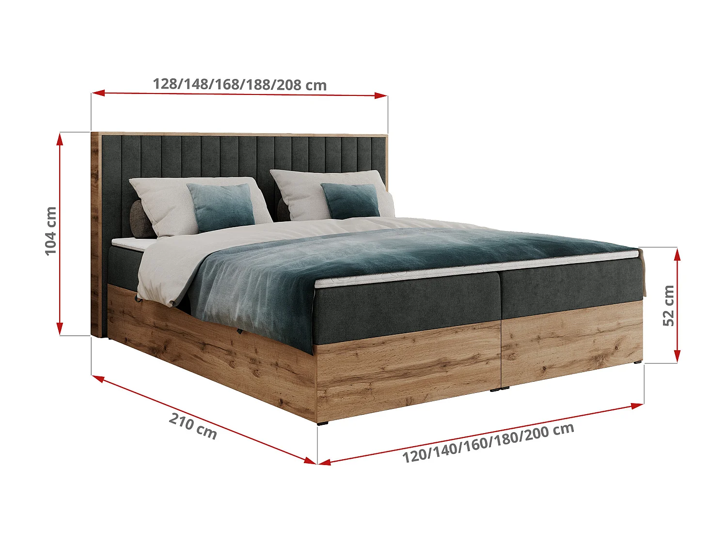 Boxspringbett ALBERO 4, Eiche Wotan Holzrahmen, mit Stauraum, genähtes Kopfteil - 140x200 cm - H4 - Dunkelgrau Strukture