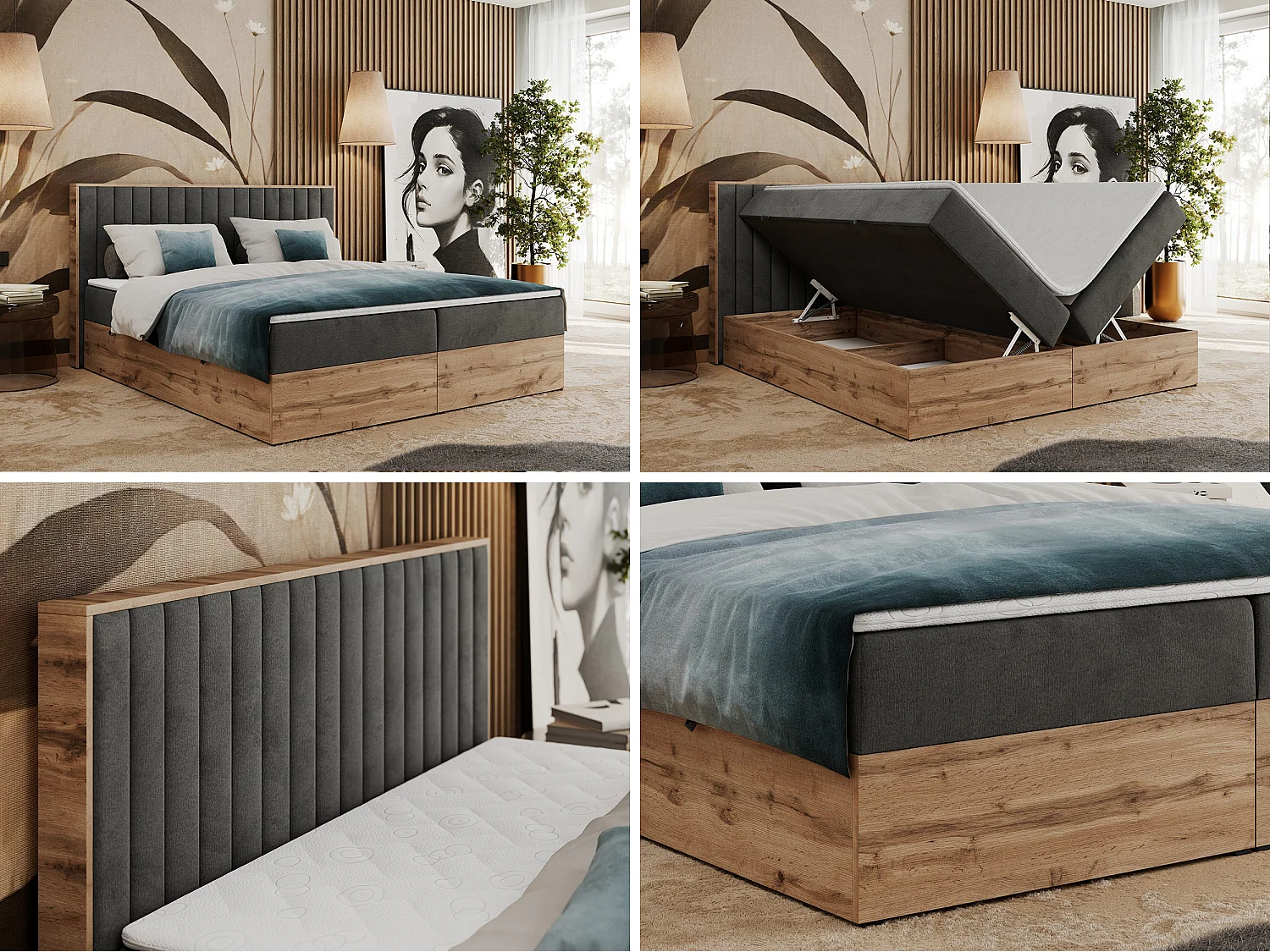 Boxspringbett ALBERO 4, Eiche Wotan Holzrahmen, mit Stauraum, genähtes Kopfteil - 180x200 cm - H3 - Dunkelgrau Velvet