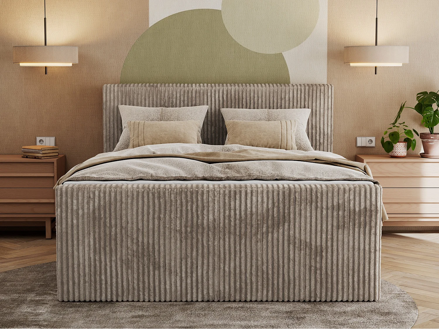 Boxspringbett TILIANO KING DUO, mit zwei Bettkästen, Cord Bett Multipocket-Matratze - 160x200 cm - H4 - Hellbraun Cord