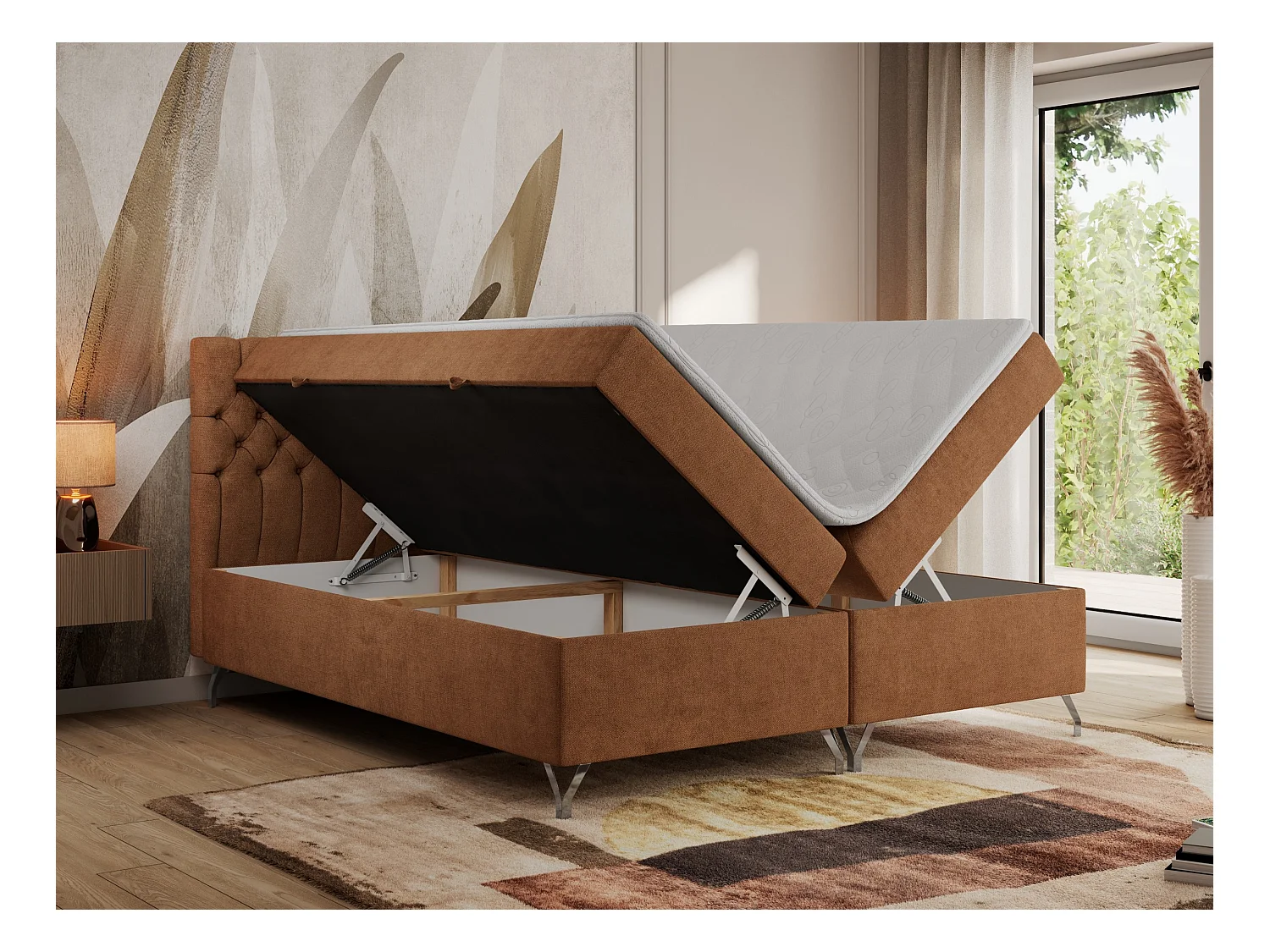 Boxspringbett GRIMALDI mit zwei Bettkästen, gesteppter Kopfstütze, Metallfüßen - 160x200 cm - H3 - Orange Strukture