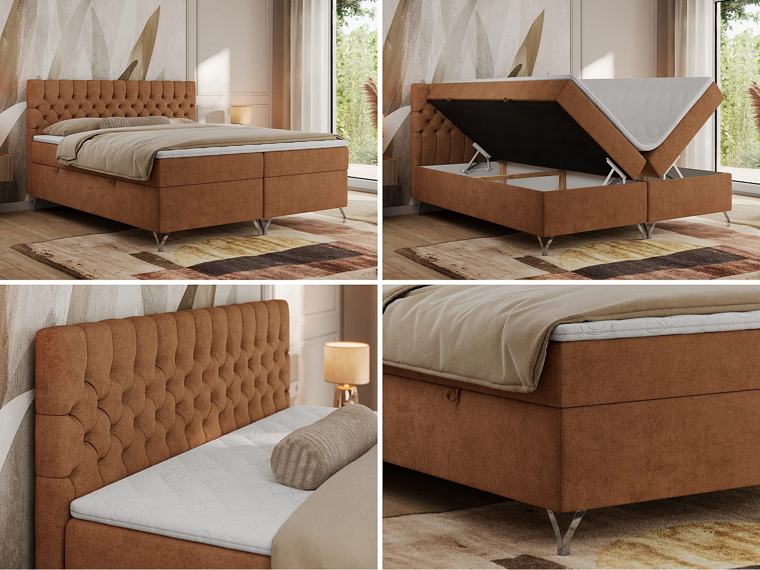 Boxspringbett GRIMALDI mit zwei Bettkästen, gesteppter Kopfstütze, Metallfüßen - 160x200 cm - H3 - Orange Strukture