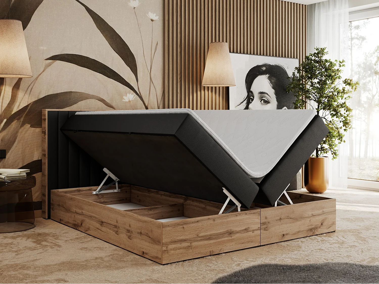 Boxspringbett ALBERO 4, Eiche Wotan Holzrahmen, mit Stauraum, genähtes Kopfteil - 180x200 cm - H4 - Schwarz Kunstleder