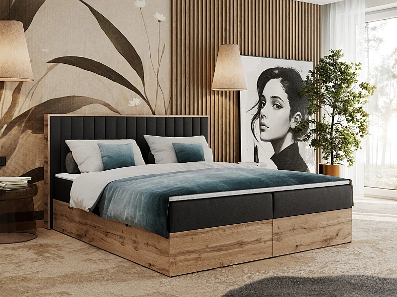 Boxspringbett ALBERO 4, Eiche Wotan Holzrahmen, mit Stauraum, genähtes Kopfteil - 180x200 cm - H4 - Schwarz Kunstleder