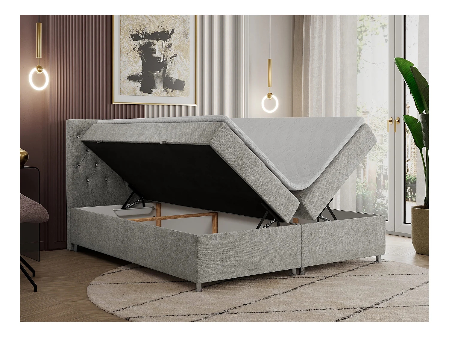 Boxspringbett ROMA mit gestepptem Kopfteil, Multipocket-Matratze, dekorative Füße - 180x200 cm - H4 - Hellgrau Strukture