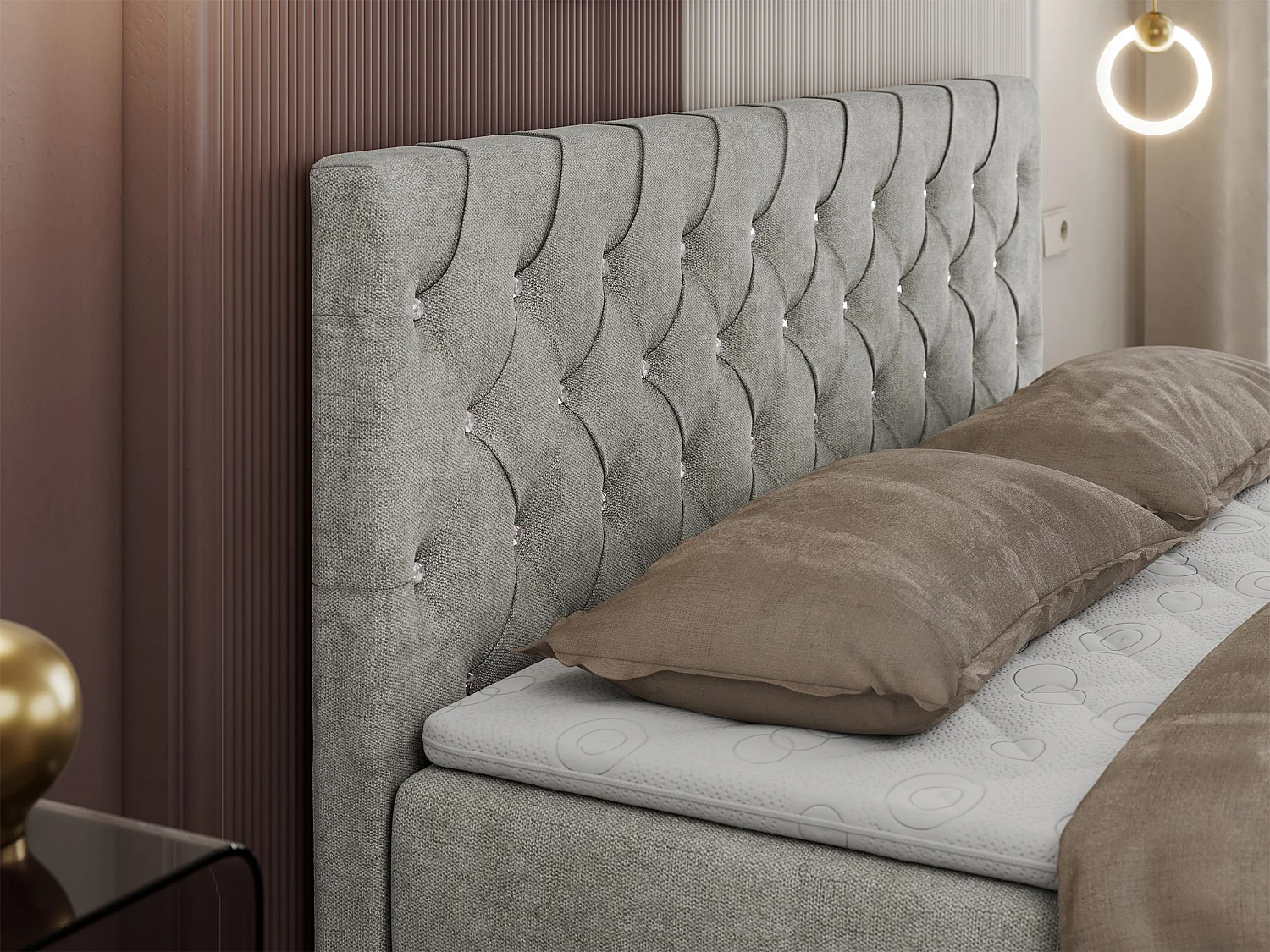 Boxspringbett ROMA mit gestepptem Kopfteil, Multipocket-Matratze, dekorative Füße - 180x200 cm - H4 - Hellgrau Strukture