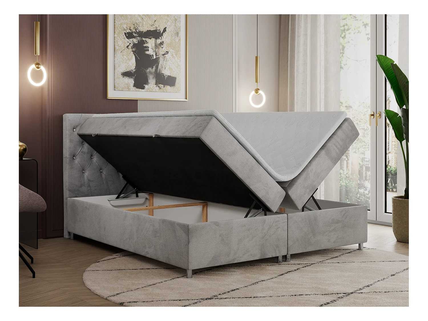 Boxspringbett ROMA mit gestepptem Kopfteil, Multipocket-Matratze, dekorative Füße - 180x200 cm - H4 - Hellgrau Velvet
