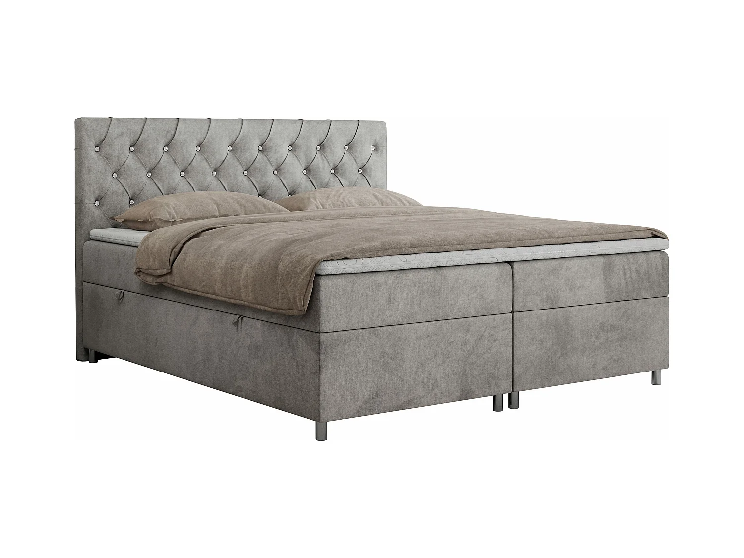 Boxspringbett ROMA mit gestepptem Kopfteil, Multipocket-Matratze, dekorative Füße - 180x200 cm - H4 - Hellgrau Velvet