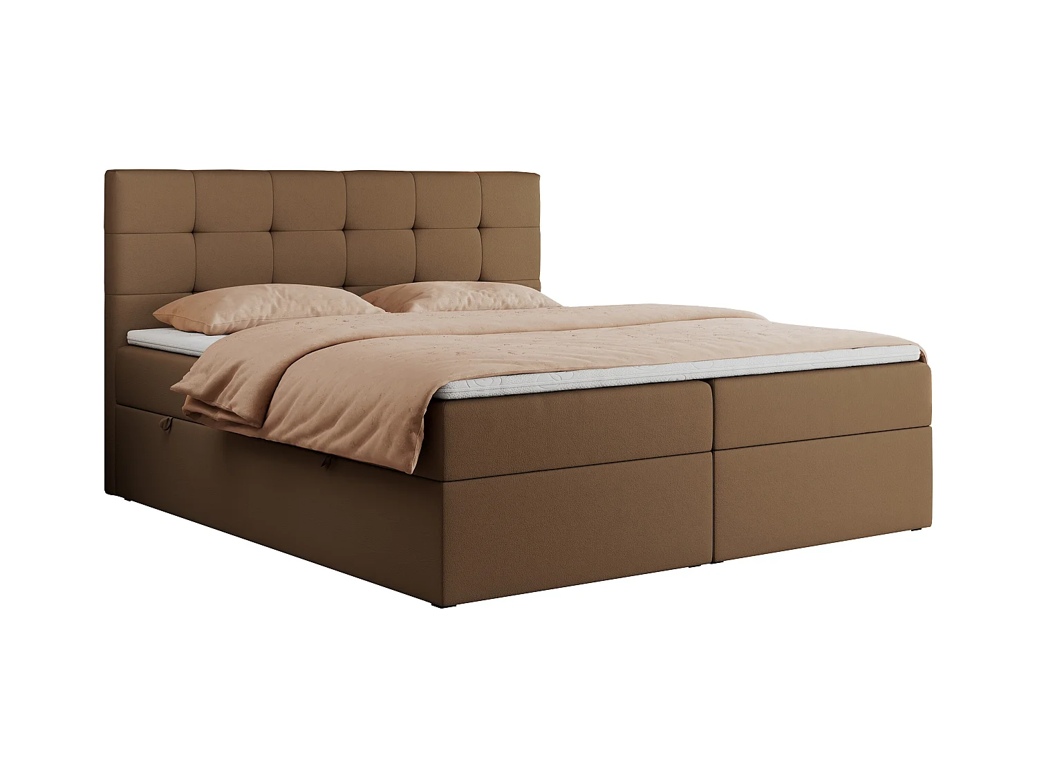 Boxspringbett CENTOS mit gestepptem Kopfteil, Multipocket-Matratze, Doppelbett mit Stauraum - 140x200 cm - H4 - Braun Kunstleder