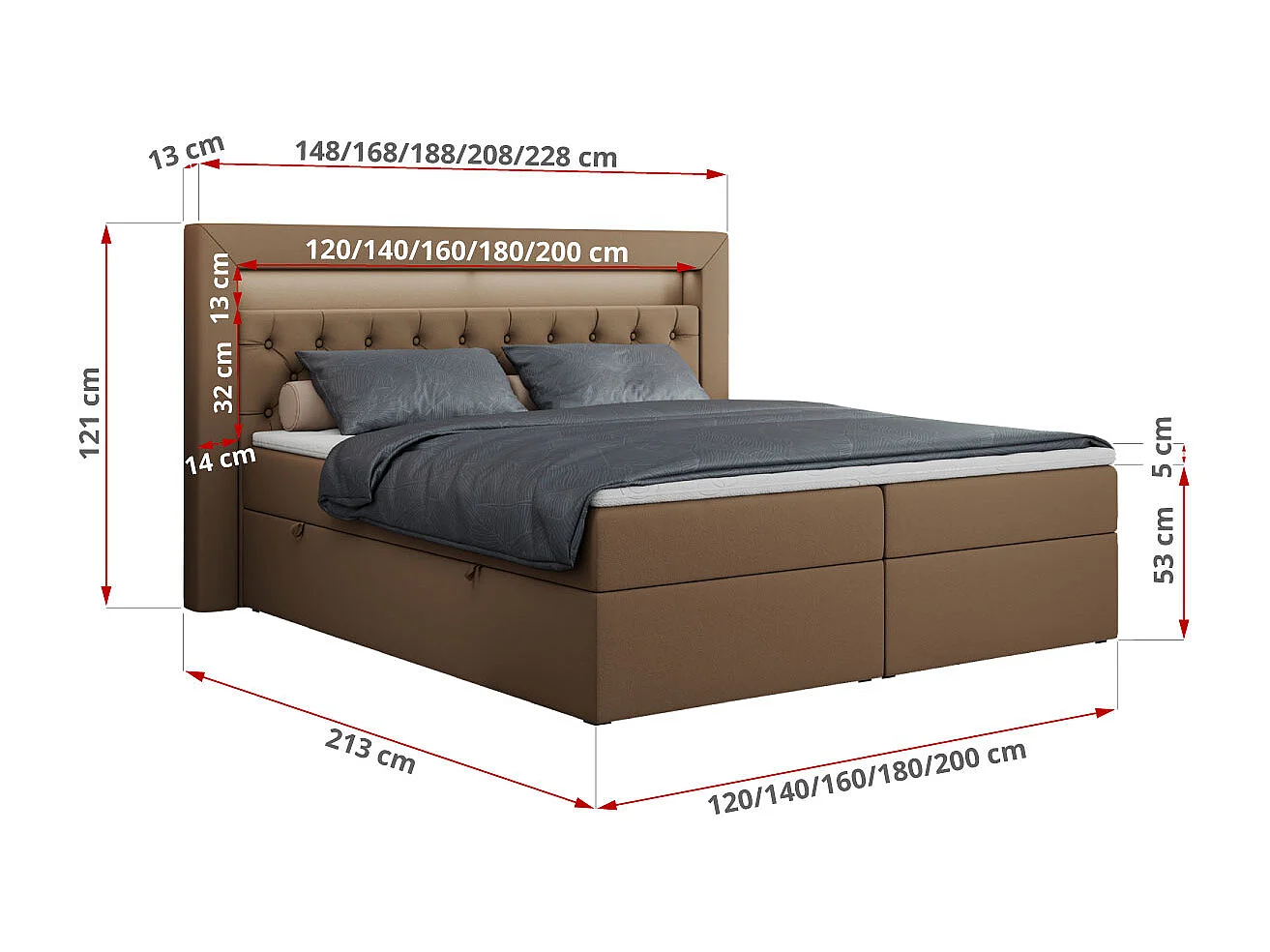 Boxspringbett GOLD 6, Doppelbett mit Stauraum, LED-Beleuchtung, gesteppte Kopfstütze - 140x200 cm - H3 - Braun Kunstleder