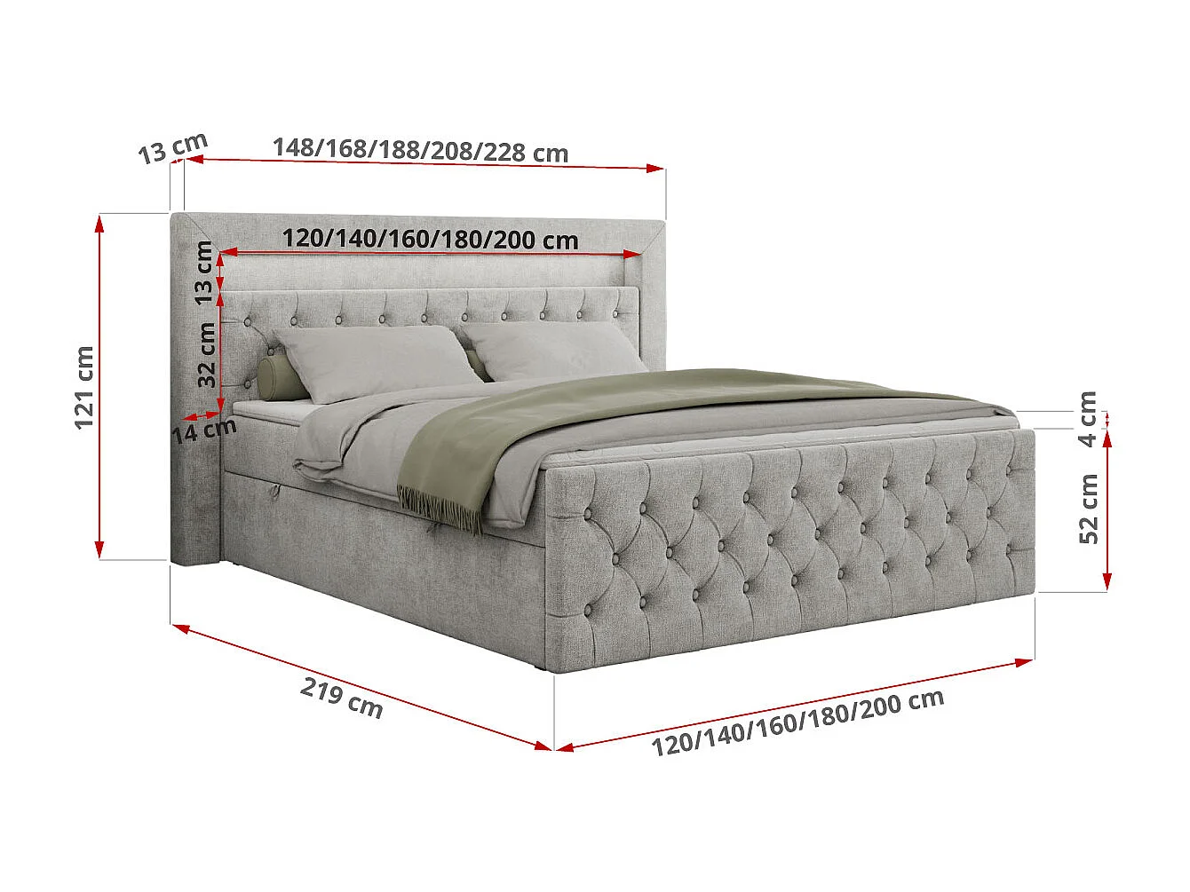Boxspringbett GOLD 9 mit Stauraum, Multipocket-Matratze, gestepptes Bett, LED Beleuchtung - 200x200 cm - H3 - Hellgrau Strukture