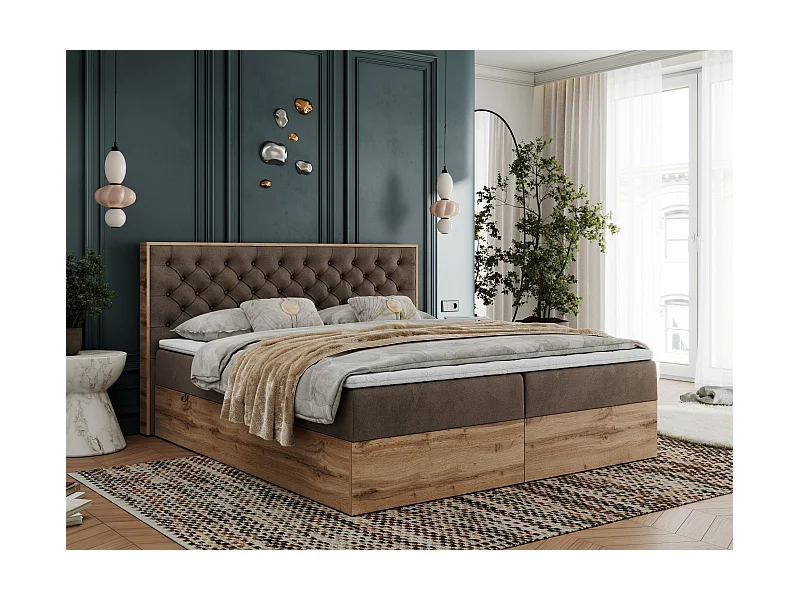 Boxspringbett ALBERO 3 - gesteppte Kopfstütze, Eiche Wotan Holzrahmen, Stauraum - 180x200 cm - H4 - Braun Velvet