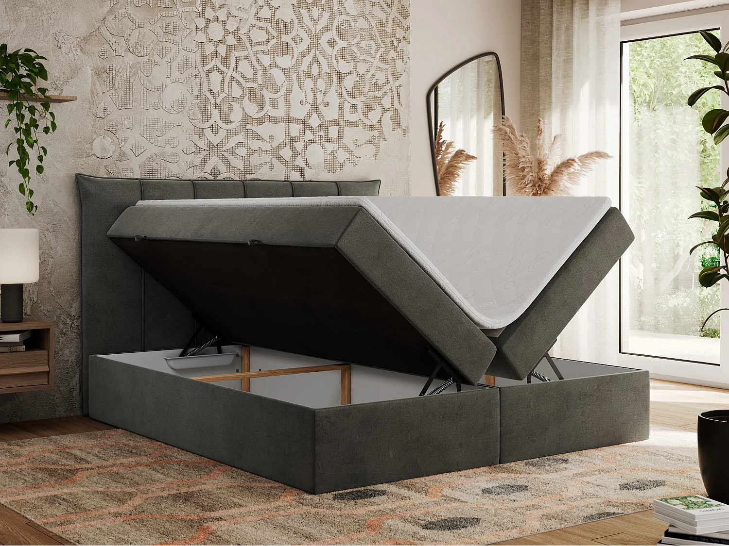 Boxspringbett PREMIUM 10 mit Multipocket-Matratze, gesteppte Kopfstütze, zwei Bettkästen - 120x200 cm - H3 - Dunkelgrau Velvet