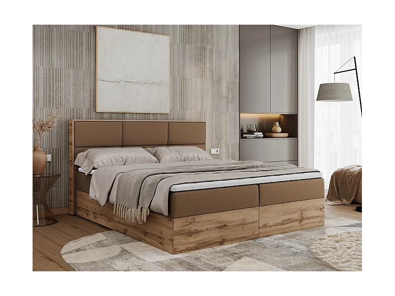 Boxspringbett ALBERO 2 mit Topper und Multipocket-Matratze, Stauraum, Holzrahmen - 200x200 cm - H4 - Braun Kunstleder