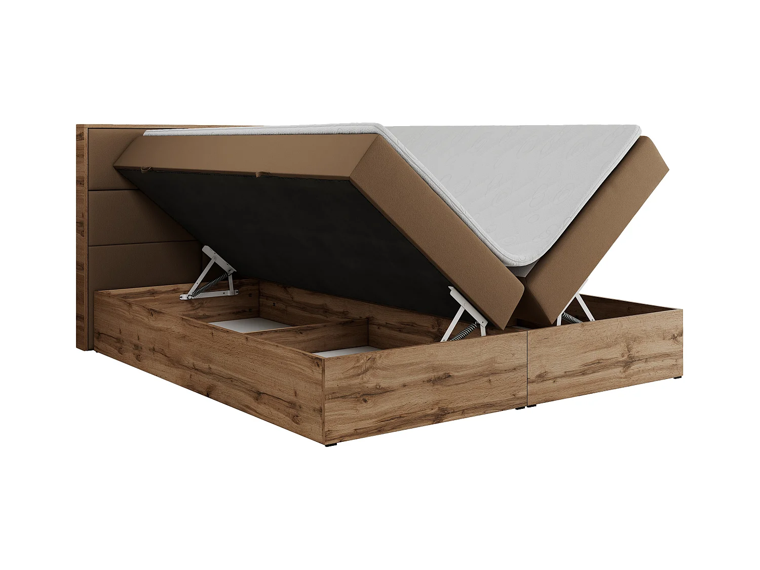 Boxspringbett ALBERO 2 mit Topper und Multipocket-Matratze, Stauraum, Holzrahmen - 200x200 cm - H4 - Braun Kunstleder