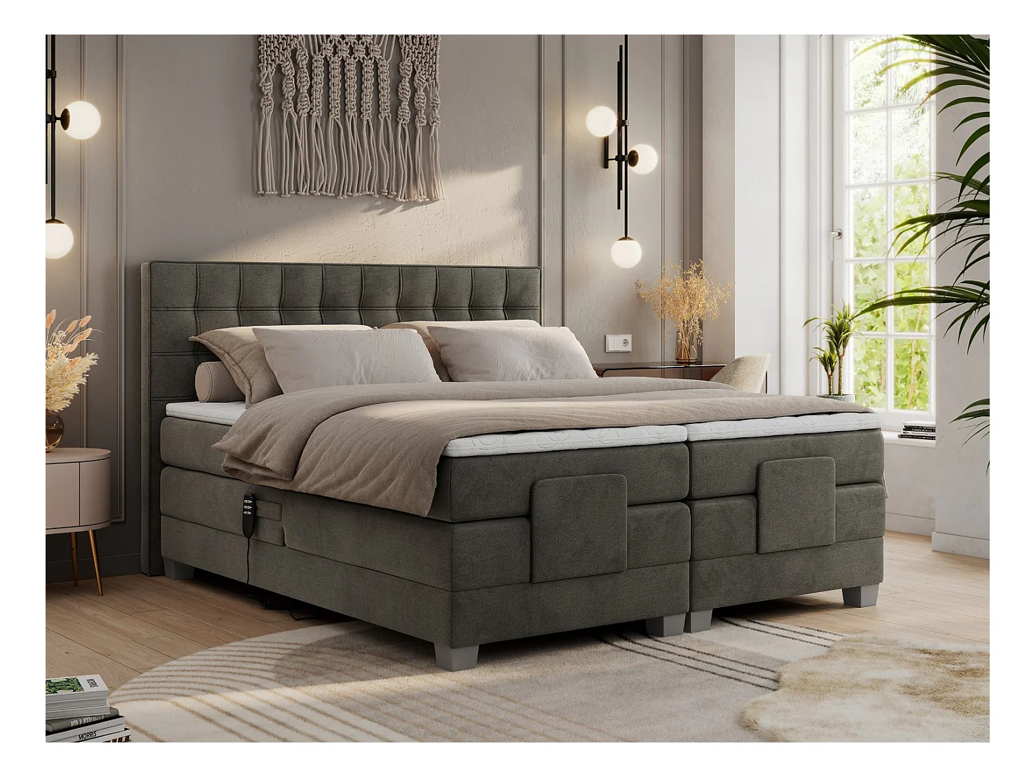 Boxspringbett ELEKTRO mit Multipocket-Matratze, Elektrisch verstellbare, genähtes Kopfteil - 200x200 cm - H3 - Dunkelgrau Velvet