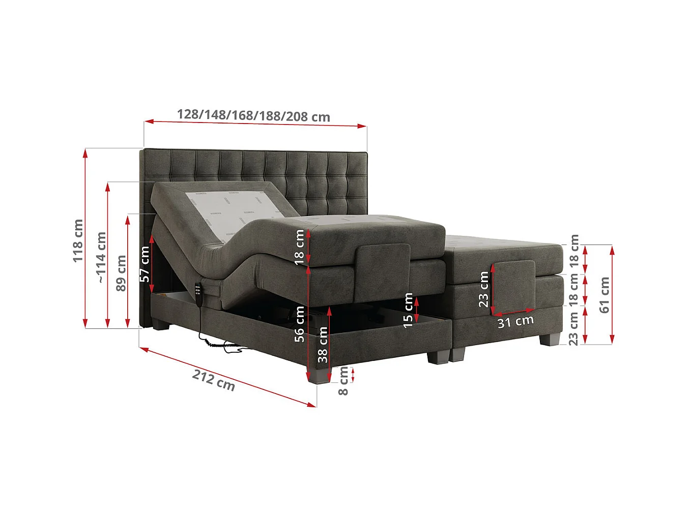 Boxspringbett ELEKTRO mit Multipocket-Matratze, Elektrisch verstellbare, genähtes Kopfteil - 200x200 cm - H3 - Dunkelgrau Velvet